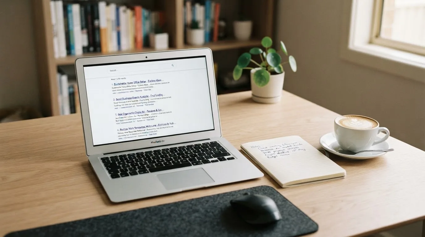 A tidy desk with a laptop open on a plain search-results page, a notebook and a coffee cup beside it, no screens showing any casino branding.