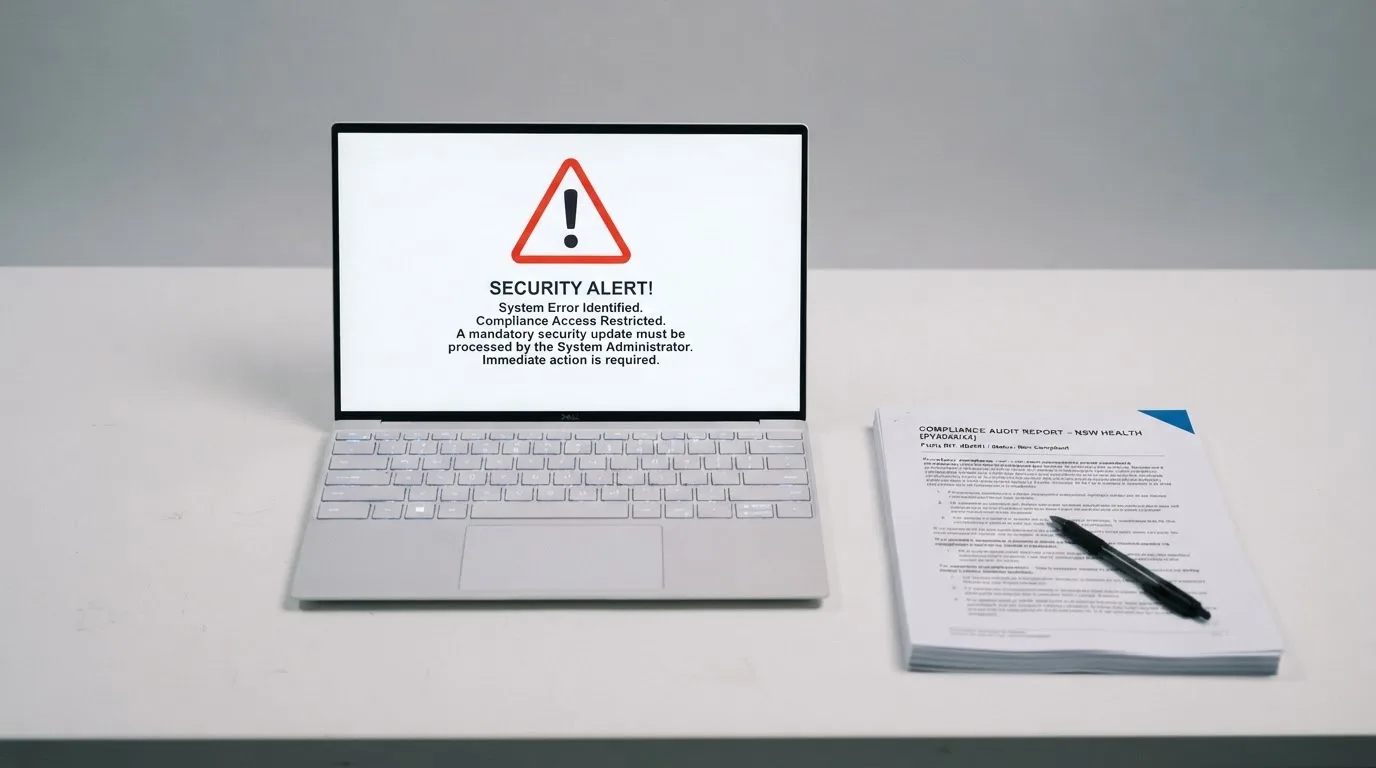 A red triangular warning sign icon on a laptop screen next to a stack of legal papers, symbolising an official caution rather than any specific website.