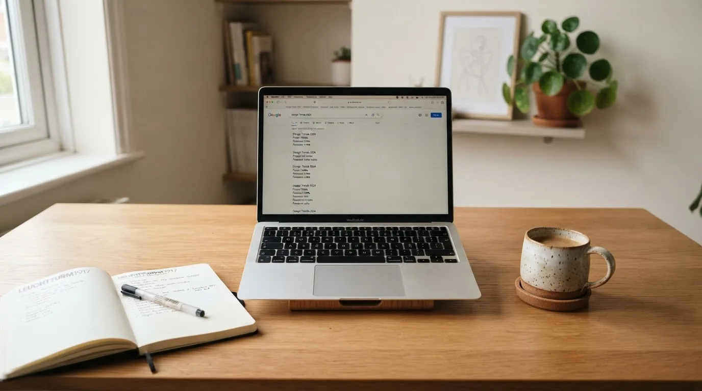 A tidy desk with a laptop open on a plain search-results page, a notebook and a coffee cup beside it, no screens showing any casino branding.