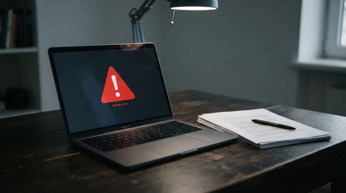 A red triangular warning sign icon on a laptop screen next to a stack of legal papers, symbolising an official caution rather than any specific website.