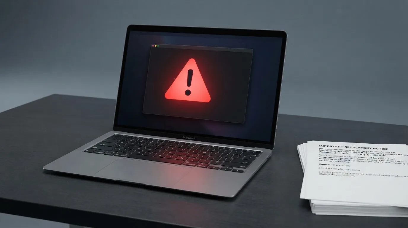 A red triangular warning sign icon on a laptop screen next to a stack of legal papers, symbolising an official caution rather than any specific website.