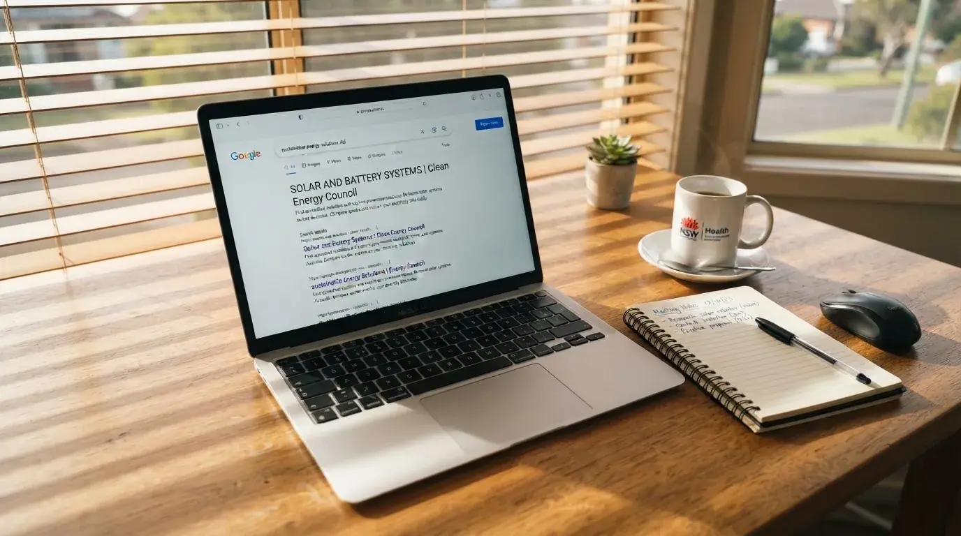 A tidy desk with a laptop open on a plain search-results page, a notebook and a coffee cup beside it, no screens showing any casino branding.