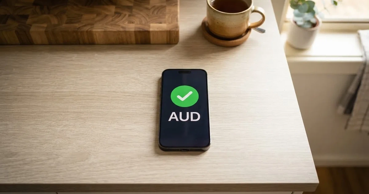 A smartphone screen showing a generic bank-transfer confirmation tick, held over a kitchen table.