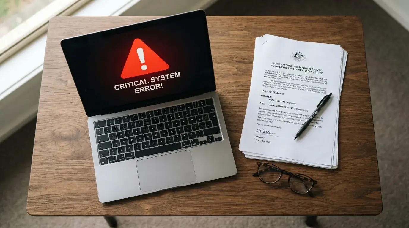 A red triangular warning sign icon on a laptop screen next to a stack of legal papers, symbolising an official caution rather than any specific website.