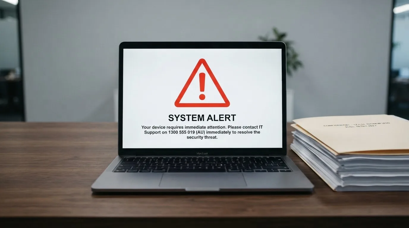 A red triangular warning sign icon on a laptop screen next to a stack of legal papers, symbolising an official caution rather than any specific website.
