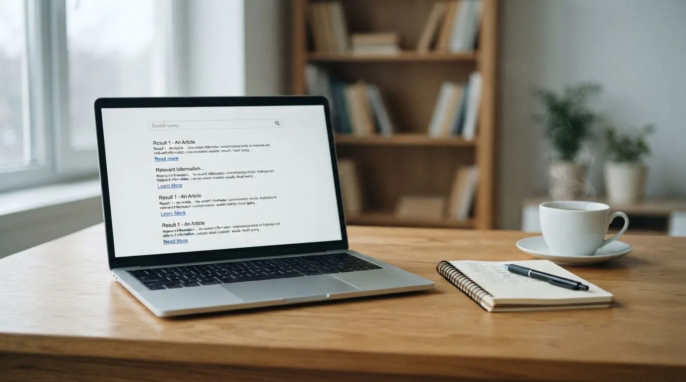 A tidy desk with a laptop open on a plain search-results page, a notebook and a coffee cup beside it, no screens showing any casino branding.