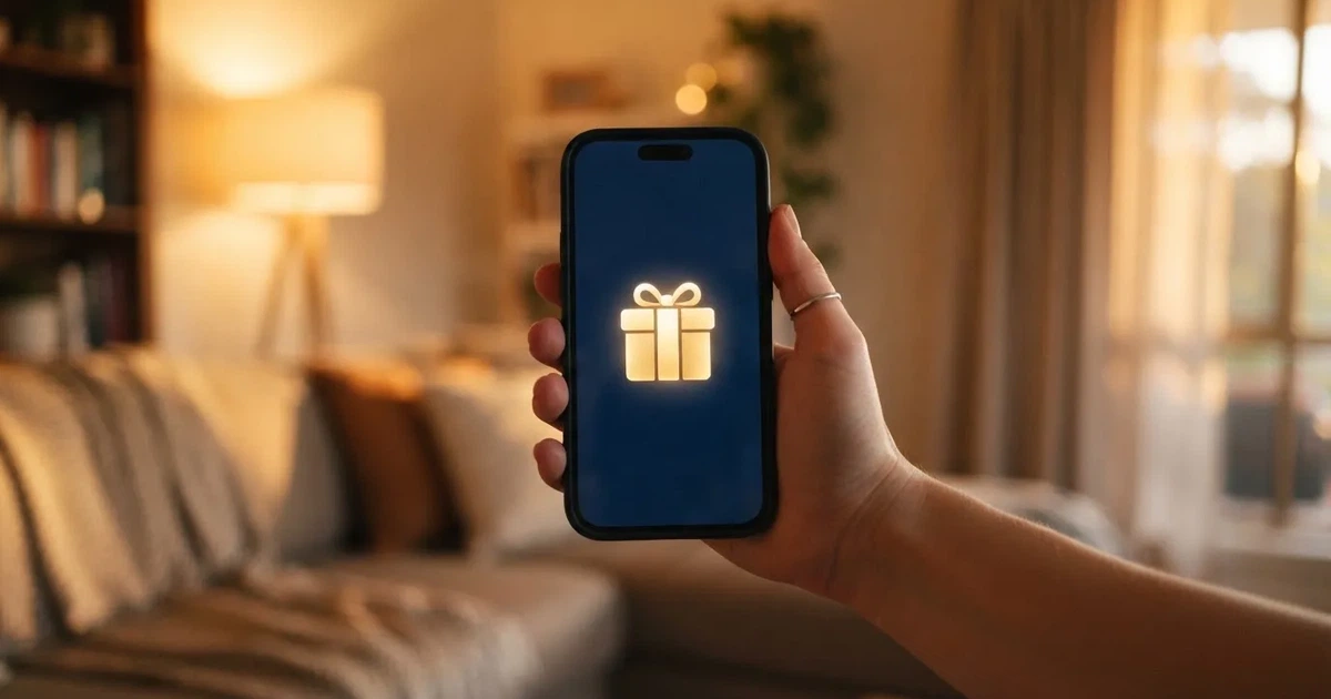 A gift box icon glowing on a phone screen, held at arm's length, suggesting an unopened offer rather than an active game.