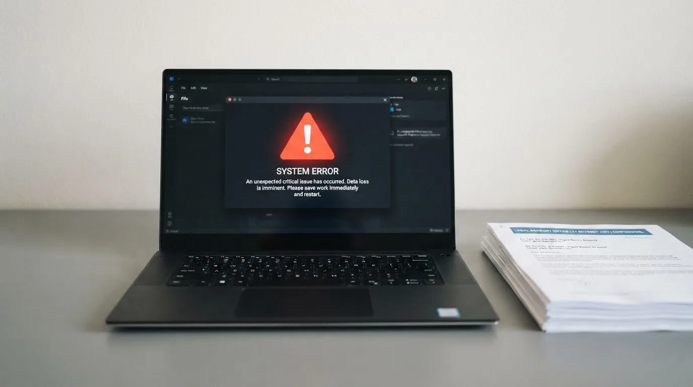 A red triangular warning sign icon on a laptop screen next to a stack of legal papers, symbolising an official caution rather than any specific website.