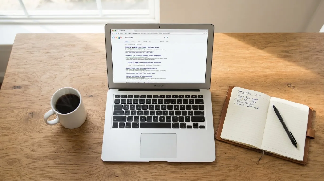 A tidy desk with a laptop open on a plain search-results page, a notebook and a coffee cup beside it, no screens showing any casino branding.