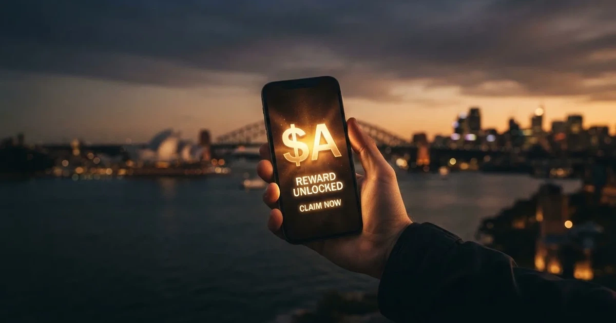 A gift box icon glowing on a phone screen, held at arm's length, suggesting an unopened offer rather than an active game.