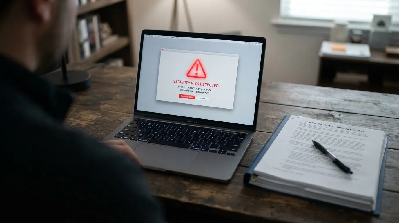 A red triangular warning sign icon on a laptop screen next to a stack of legal papers, symbolising an official caution rather than any specific website.