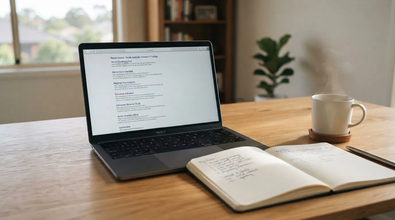 A tidy desk with a laptop open on a plain search-results page, a notebook and a coffee cup beside it, no screens showing any casino branding.
