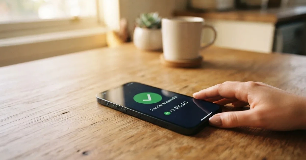 A smartphone screen showing a generic bank-transfer confirmation tick, held over a kitchen table.