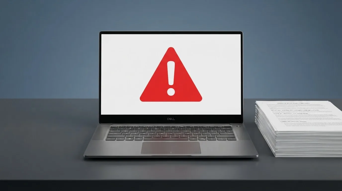 A red triangular warning sign icon on a laptop screen next to a stack of legal papers, symbolising an official caution rather than any specific website.