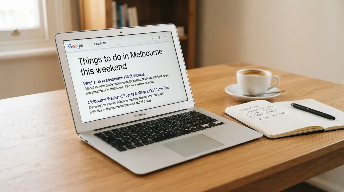 A tidy desk with a laptop open on a plain search-results page, a notebook and a coffee cup beside it, no screens showing any casino branding.