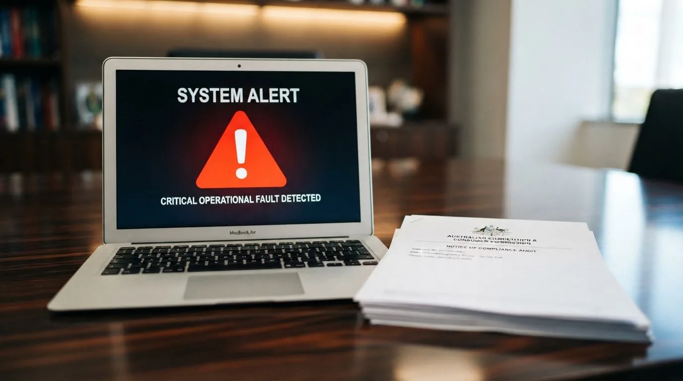 A red triangular warning sign icon on a laptop screen next to a stack of legal papers, symbolising an official caution rather than any specific website.