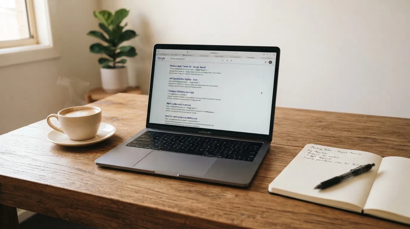A tidy desk with a laptop open on a plain search-results page, a notebook and a coffee cup beside it, no screens showing any casino branding.