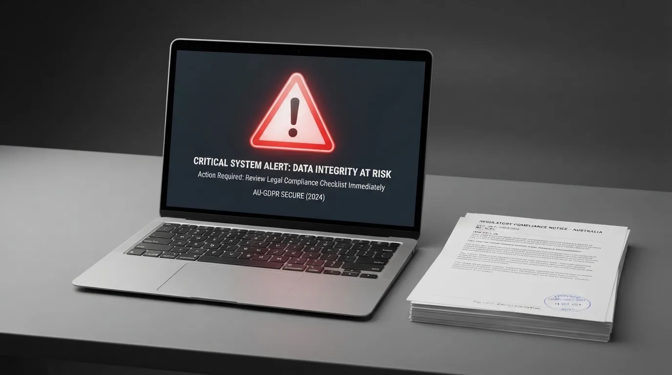 A red triangular warning sign icon on a laptop screen next to a stack of legal papers, symbolising an official caution rather than any specific website.