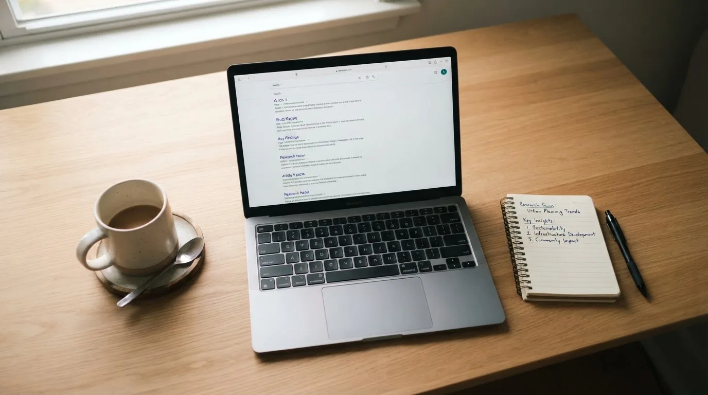 A tidy desk with a laptop open on a plain search-results page, a notebook and a coffee cup beside it, no screens showing any casino branding.