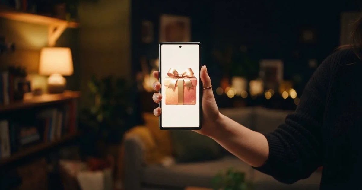 A gift box icon glowing on a phone screen, held at arm's length, suggesting an unopened offer rather than an active game.