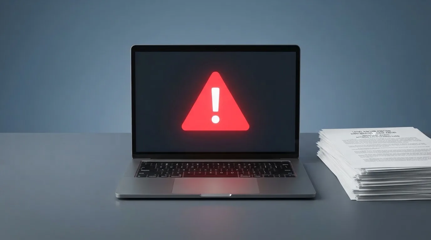 A red triangular warning sign icon on a laptop screen next to a stack of legal papers, symbolising an official caution rather than any specific website.