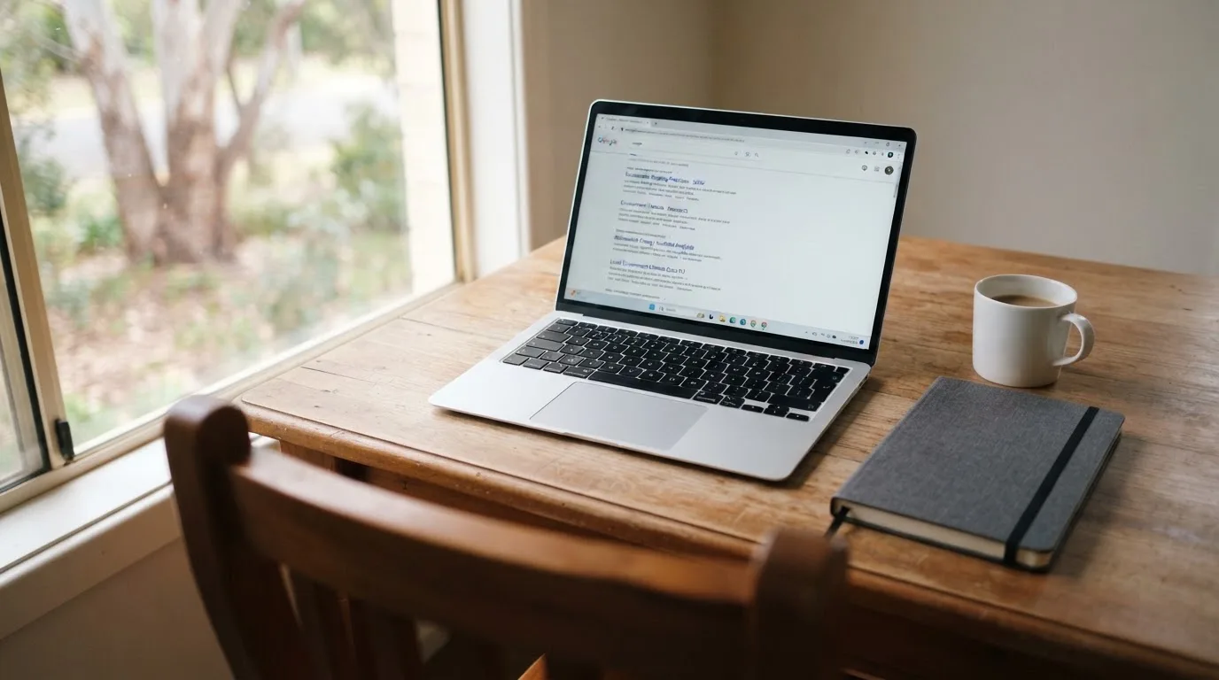 A tidy desk with a laptop open on a plain search-results page, a notebook and a coffee cup beside it, no screens showing any casino branding.