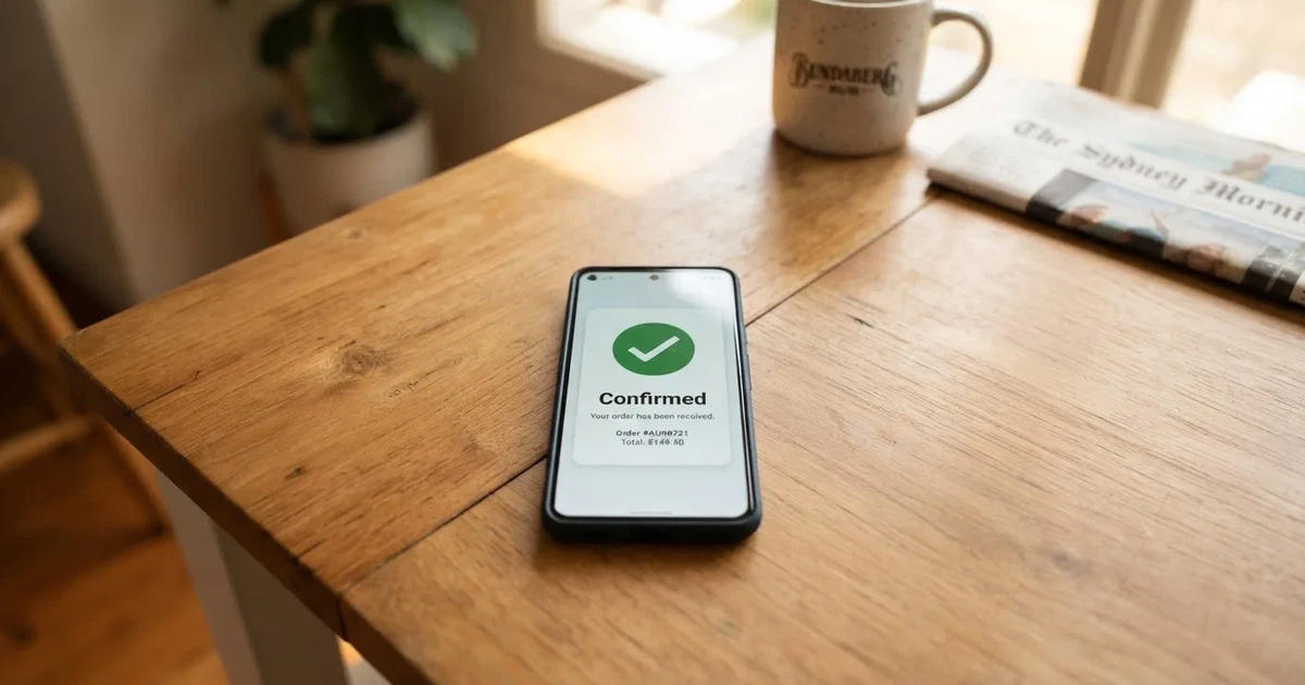 A smartphone screen showing a generic bank-transfer confirmation tick, held over a kitchen table.