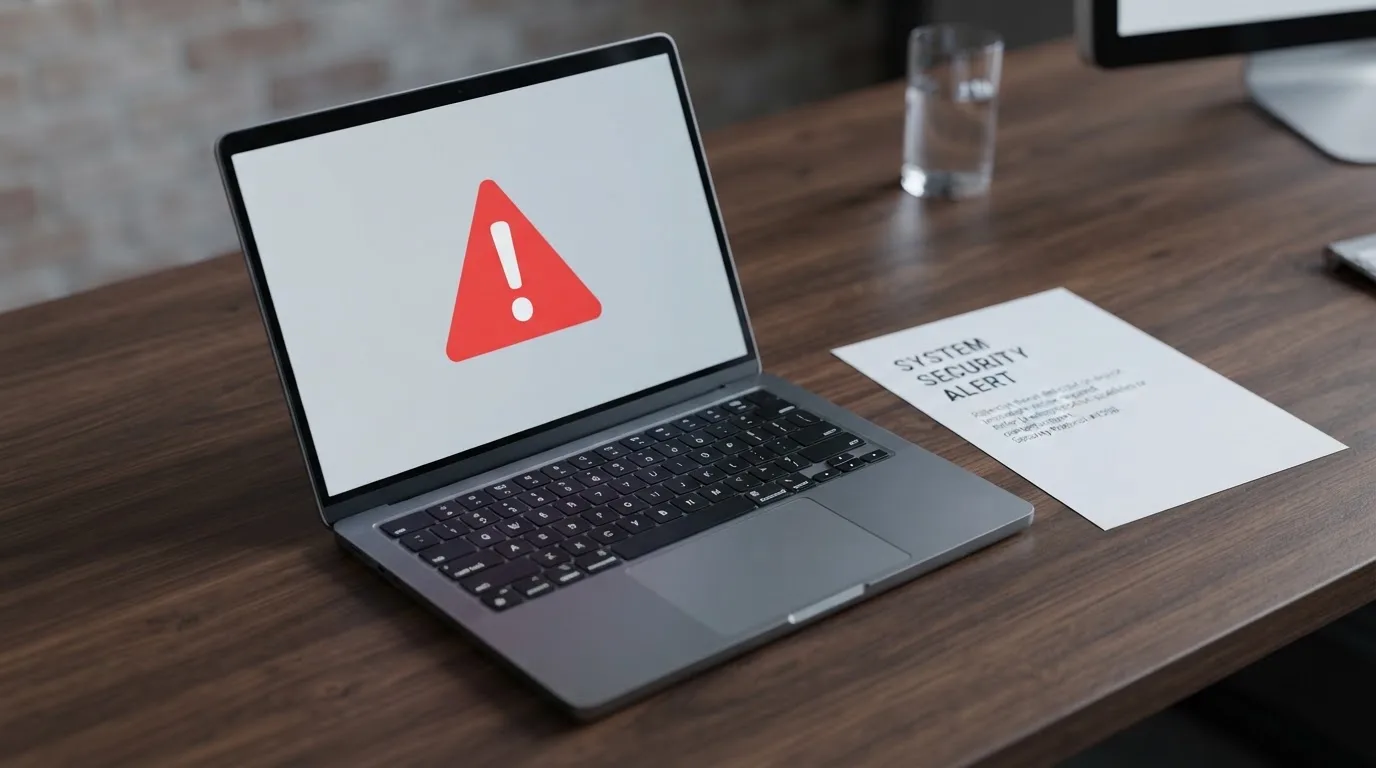 A red triangular warning sign icon on a laptop screen next to a stack of legal papers, symbolising an official caution rather than any specific website.