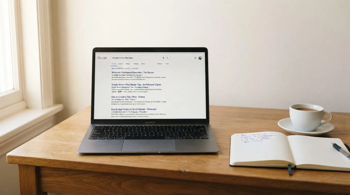 A tidy desk with a laptop open on a plain search-results page, a notebook and a coffee cup beside it, no screens showing any casino branding.