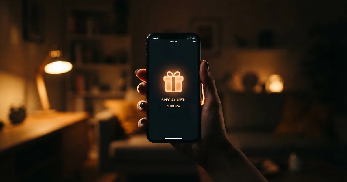 A gift box icon glowing on a phone screen, held at arm's length, suggesting an unopened offer rather than an active game.