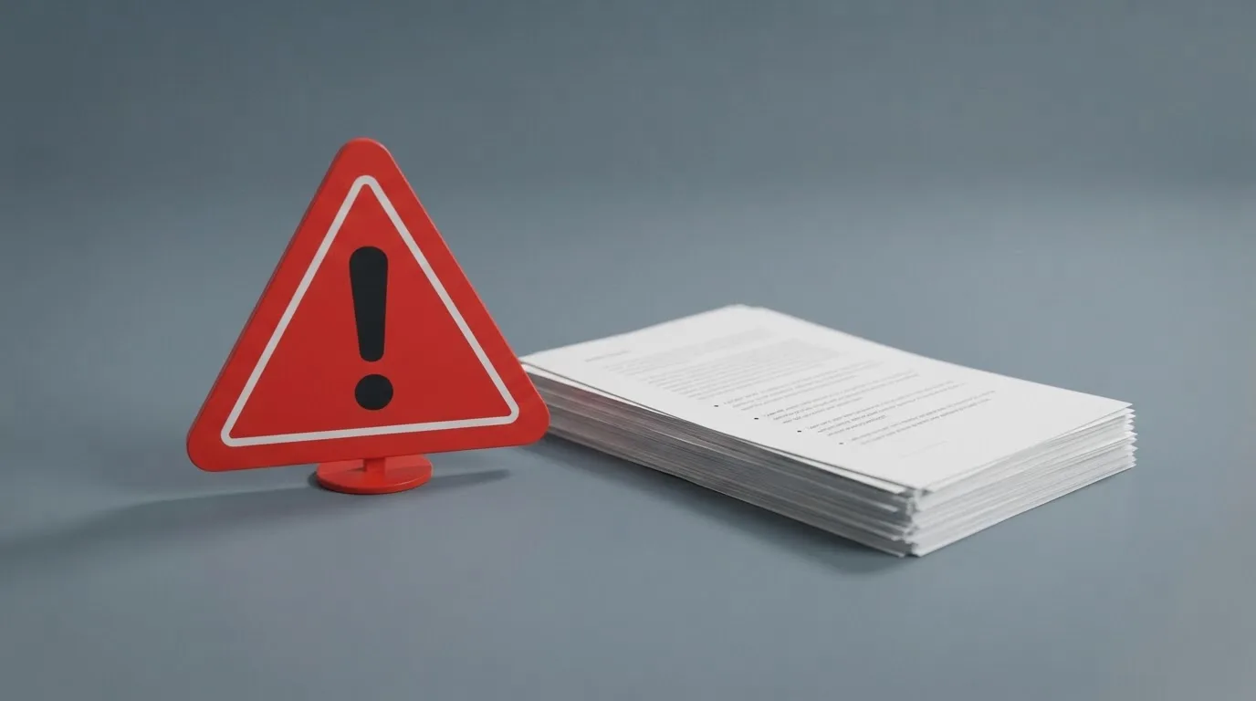A red triangular warning sign icon on a laptop screen next to a stack of legal papers, symbolising an official caution rather than any specific website.
