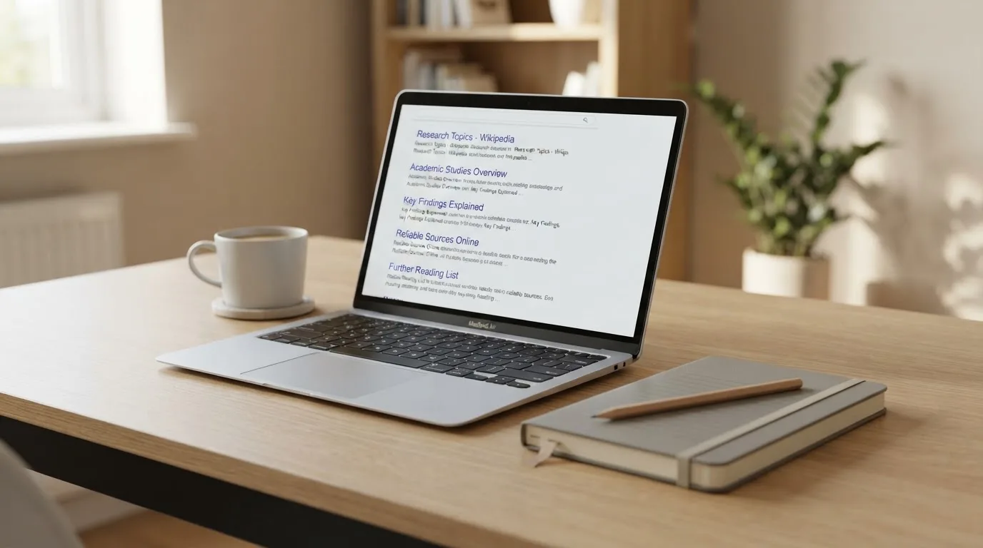 A tidy desk with a laptop open on a plain search-results page, a notebook and a coffee cup beside it, no screens showing any casino branding.