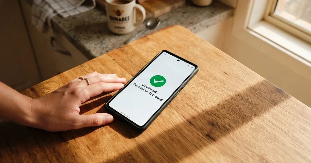 A smartphone screen showing a generic bank-transfer confirmation tick, held over a kitchen table.