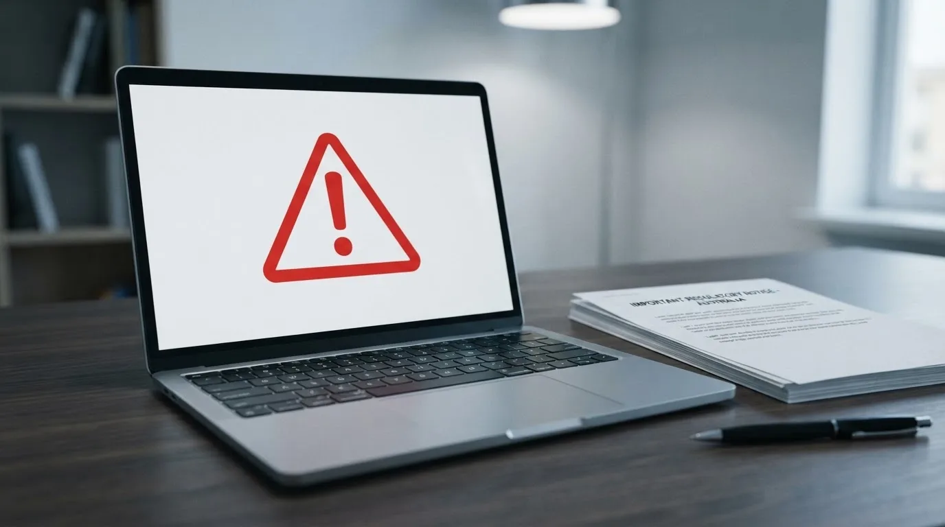 A red triangular warning sign icon on a laptop screen next to a stack of legal papers, symbolising an official caution rather than any specific website.