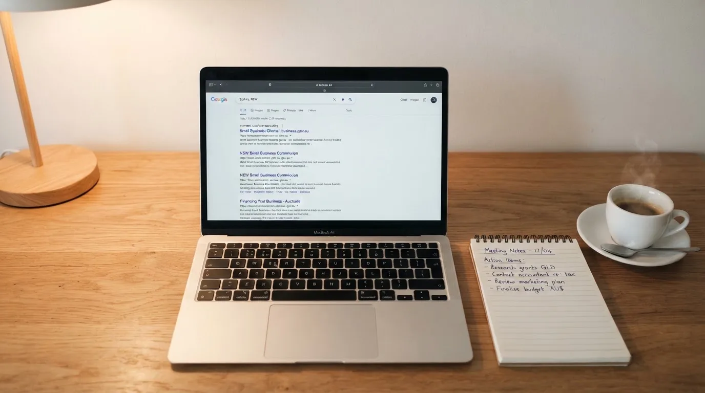 A tidy desk with a laptop open on a plain search-results page, a notebook and a coffee cup beside it, no screens showing any casino branding.