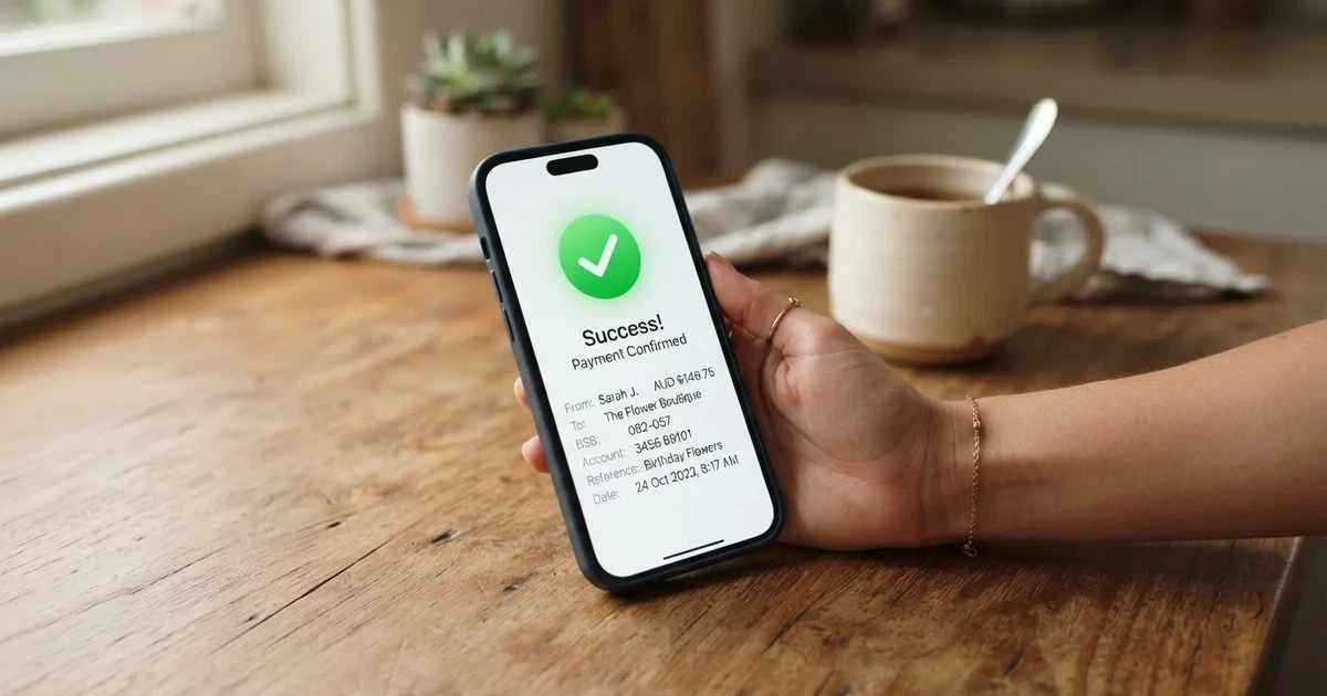 A smartphone screen showing a generic bank-transfer confirmation tick, held over a kitchen table.