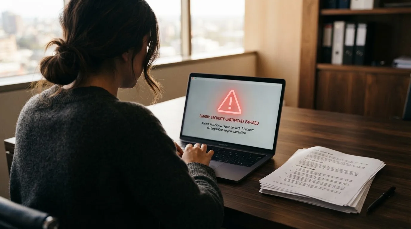 A red triangular warning sign icon on a laptop screen next to a stack of legal papers, symbolising an official caution rather than any specific website.