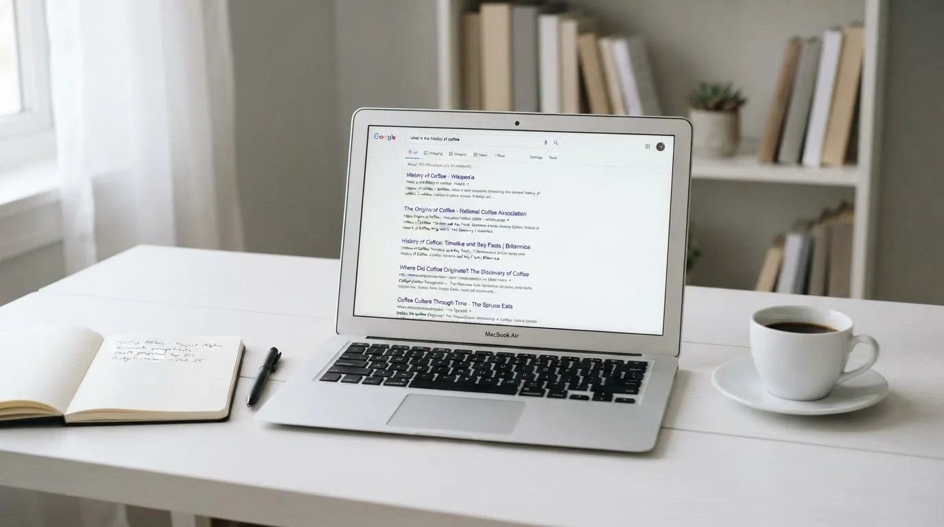 A tidy desk with a laptop open on a plain search-results page, a notebook and a coffee cup beside it, no screens showing any casino branding.