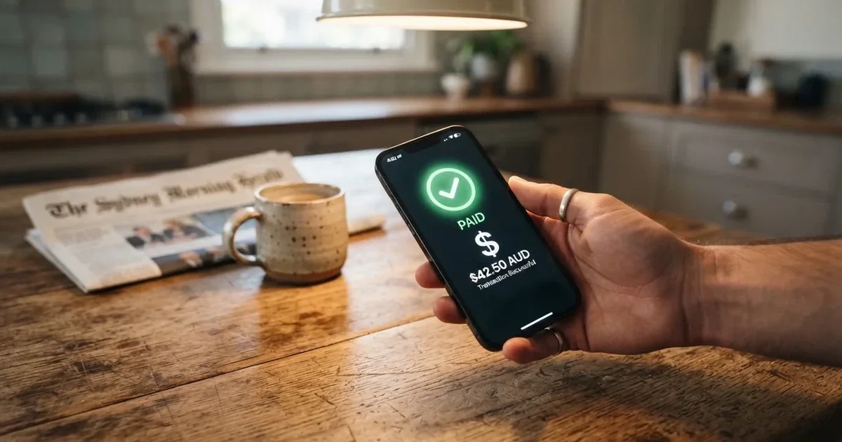 A smartphone screen showing a generic bank-transfer confirmation tick, held over a kitchen table.