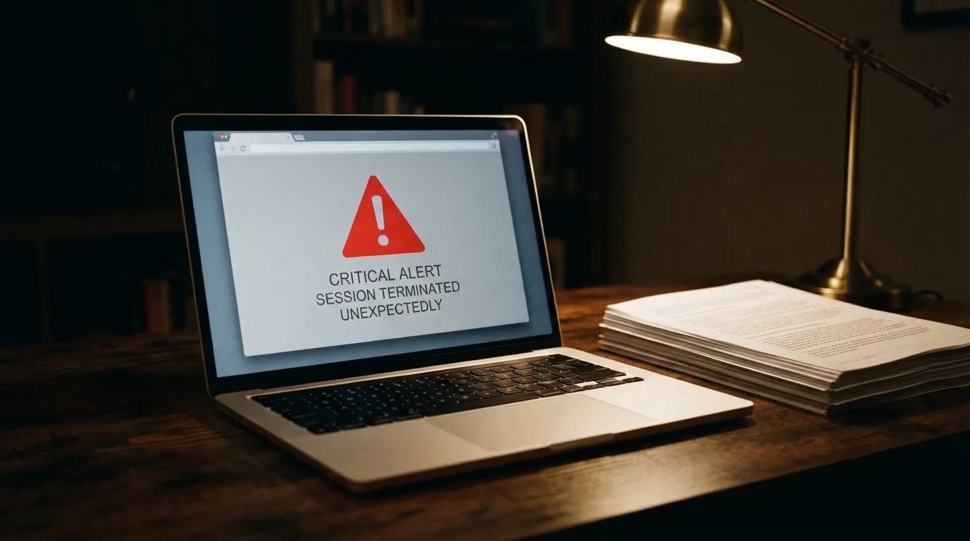 A red triangular warning sign icon on a laptop screen next to a stack of legal papers, symbolising an official caution rather than any specific website.