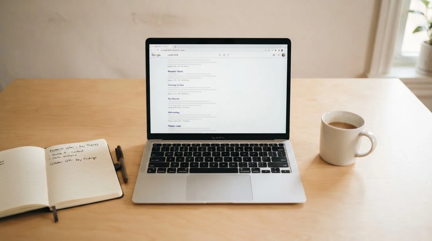 A tidy desk with a laptop open on a plain search-results page, a notebook and a coffee cup beside it, no screens showing any casino branding.