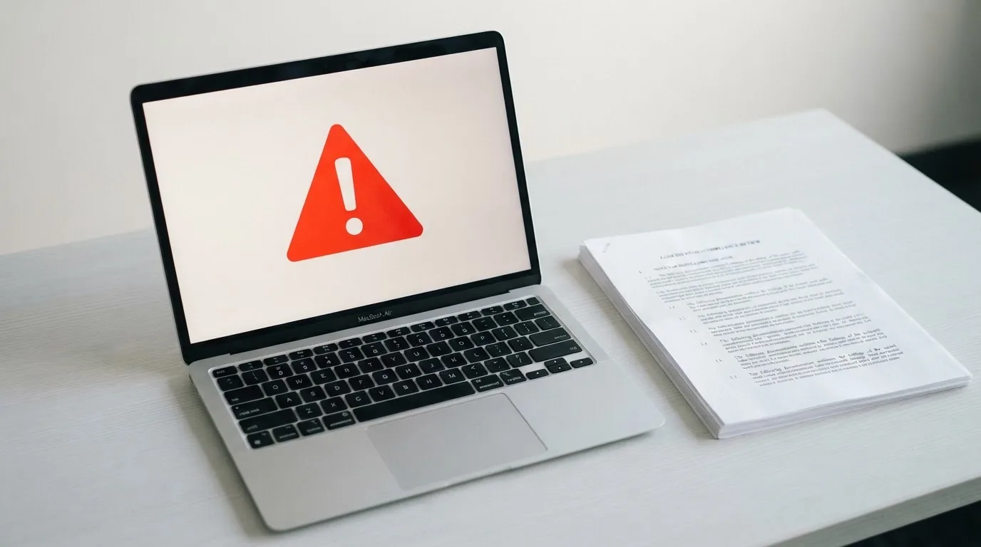 A red triangular warning sign icon on a laptop screen next to a stack of legal papers, symbolising an official caution rather than any specific website.