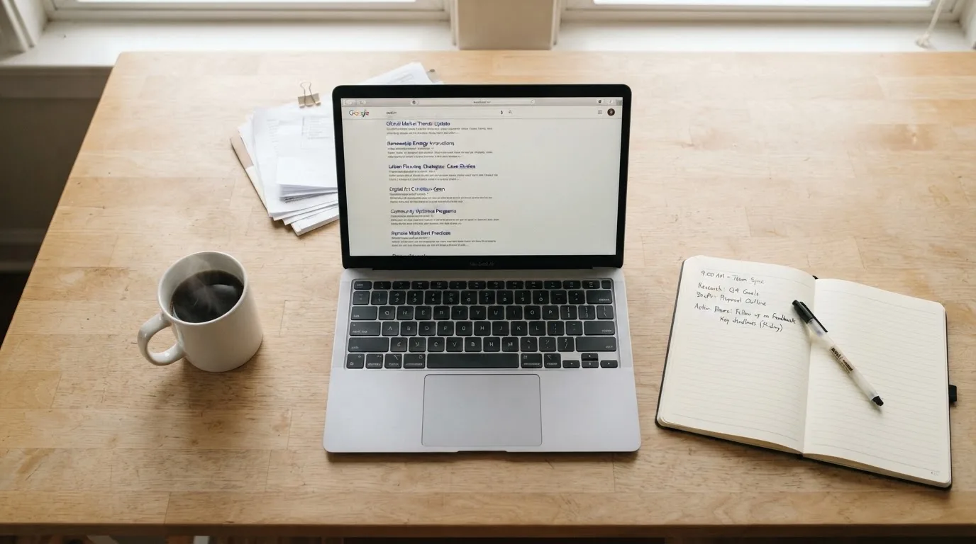 A tidy desk with a laptop open on a plain search-results page, a notebook and a coffee cup beside it, no screens showing any casino branding.
