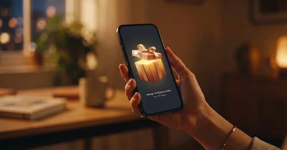 A gift box icon glowing on a phone screen, held at arm's length, suggesting an unopened offer rather than an active game.
