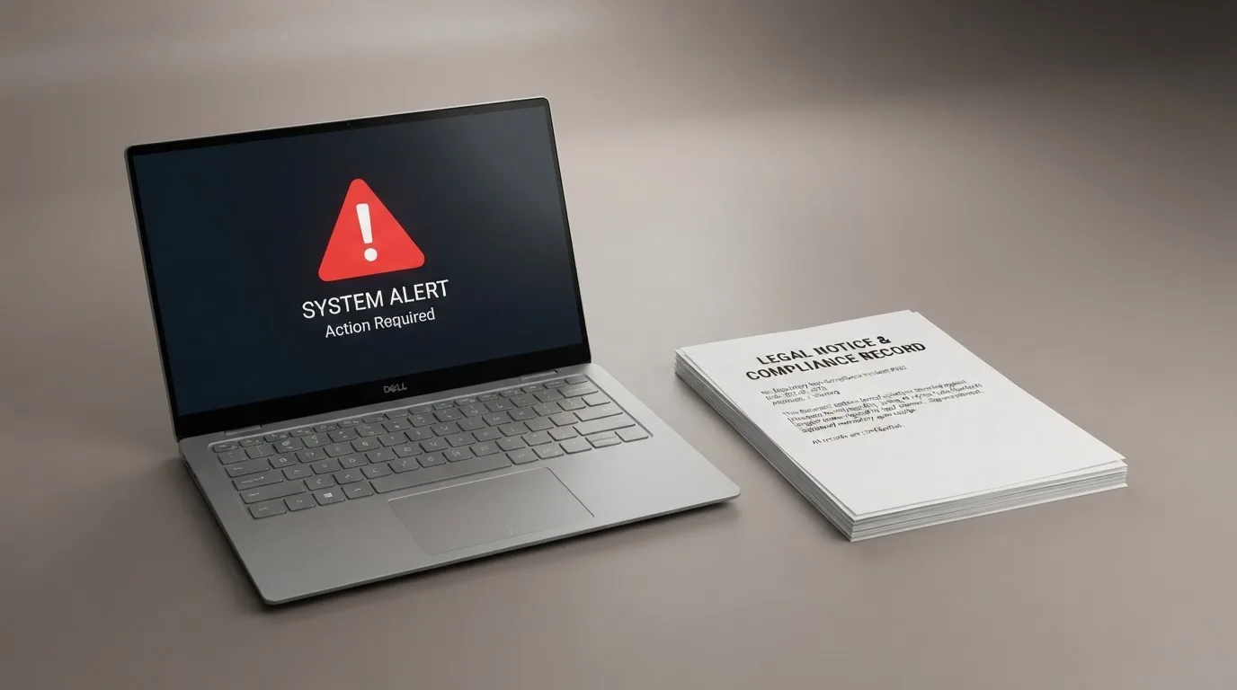 A red triangular warning sign icon on a laptop screen next to a stack of legal papers, symbolising an official caution rather than any specific website.