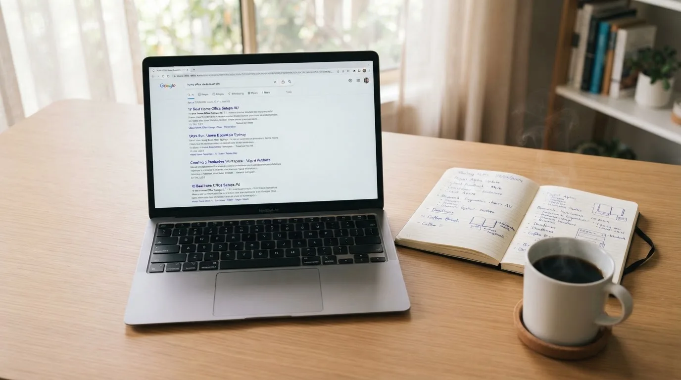 A tidy desk with a laptop open on a plain search-results page, a notebook and a coffee cup beside it, no screens showing any casino branding.