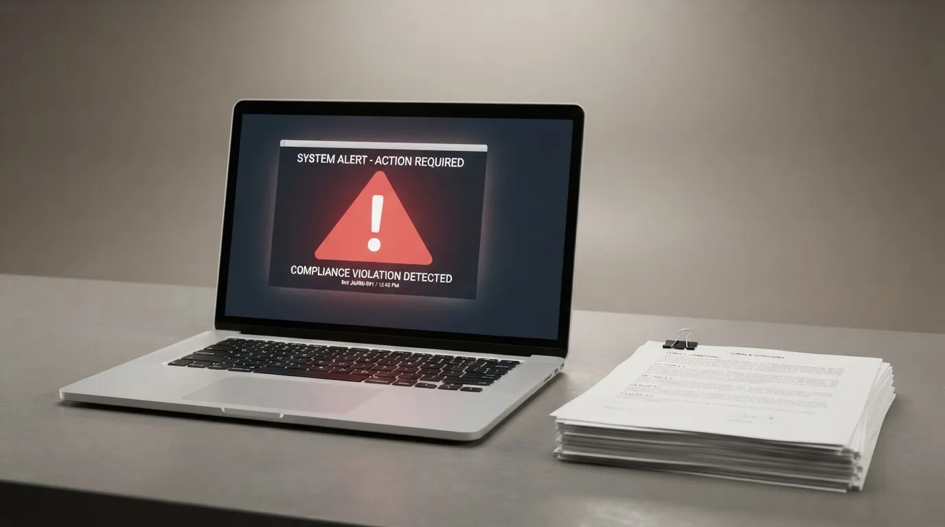A red triangular warning sign icon on a laptop screen next to a stack of legal papers, symbolising an official caution rather than any specific website.