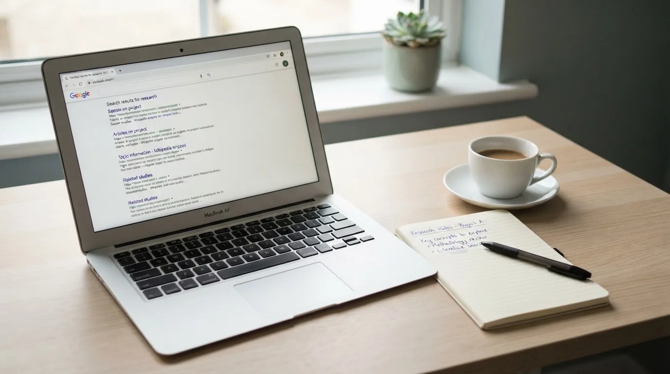 A tidy desk with a laptop open on a plain search-results page, a notebook and a coffee cup beside it, no screens showing any casino branding.