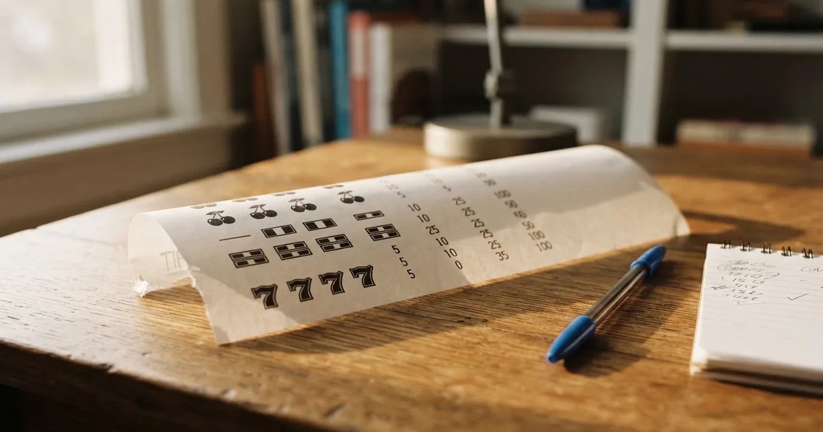 A printed strip of generic slot symbols and payout numbers laid on a desk, like a reference chart rather than a live game.