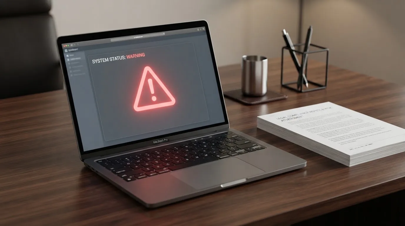 A red triangular warning sign icon on a laptop screen next to a stack of legal papers, symbolising an official caution rather than any specific website.